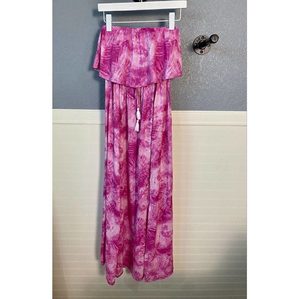 Japan Purple Tie Dye Palm Print Ruffle Front Strapless Maxi Dress Size Small